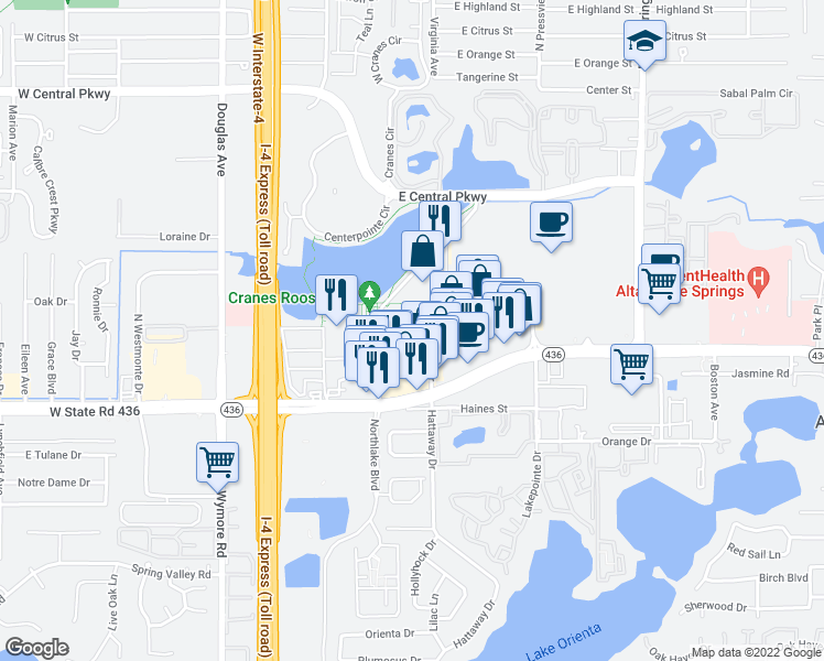 map of restaurants, bars, coffee shops, grocery stores, and more near 280 Uptown Boulevard in Altamonte Springs