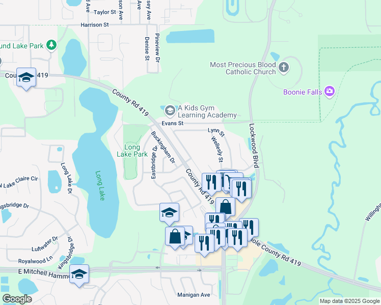 map of restaurants, bars, coffee shops, grocery stores, and more near 441 Augustine Court in Oviedo