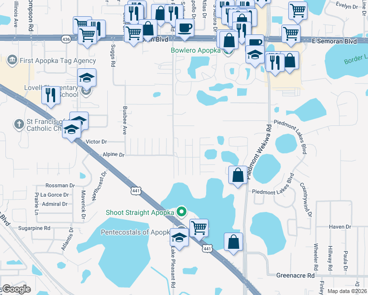 map of restaurants, bars, coffee shops, grocery stores, and more near 1001-1099 High Meadow Road in Apopka