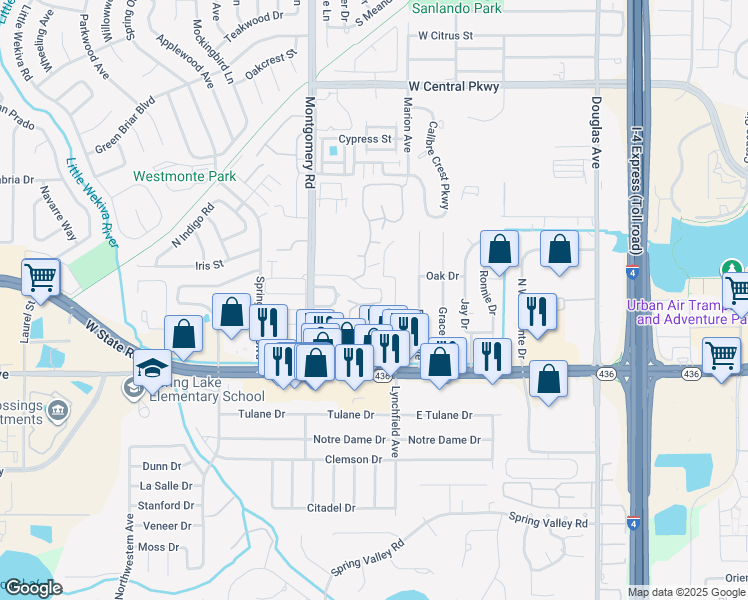 map of restaurants, bars, coffee shops, grocery stores, and more near 498 Oak Drive in Altamonte Springs