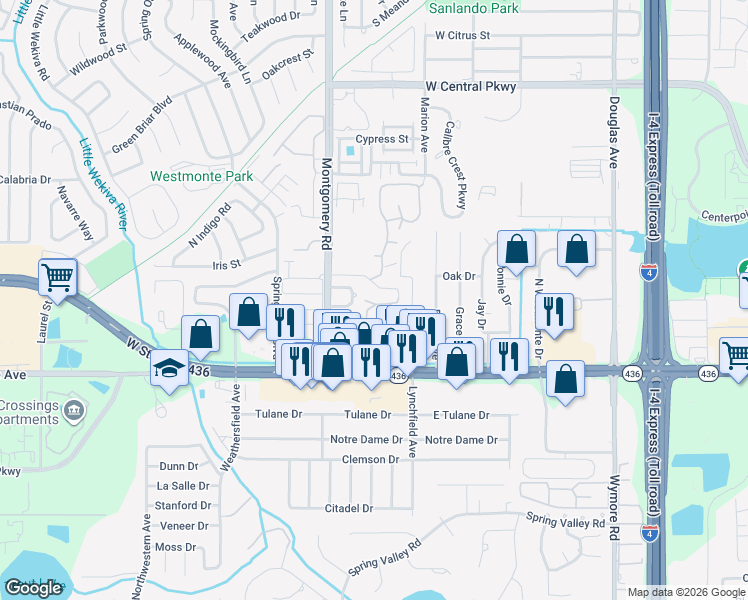 map of restaurants, bars, coffee shops, grocery stores, and more near 151 Olive Tree Circle in Altamonte Springs