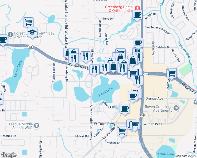 map of restaurants, bars, coffee shops, grocery stores, and more near 1052 West State Road 436 in Altamonte Springs