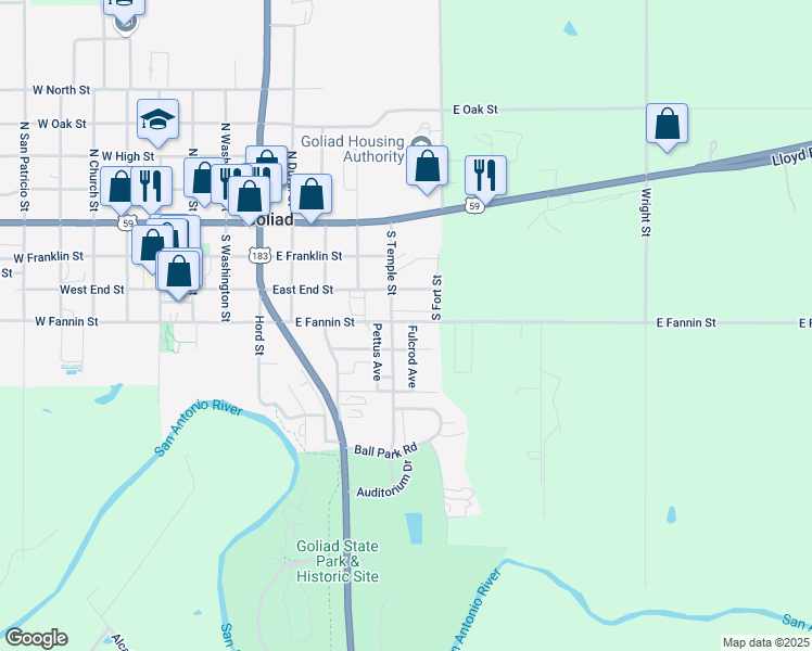 map of restaurants, bars, coffee shops, grocery stores, and more near 345 South Temple Street in Goliad