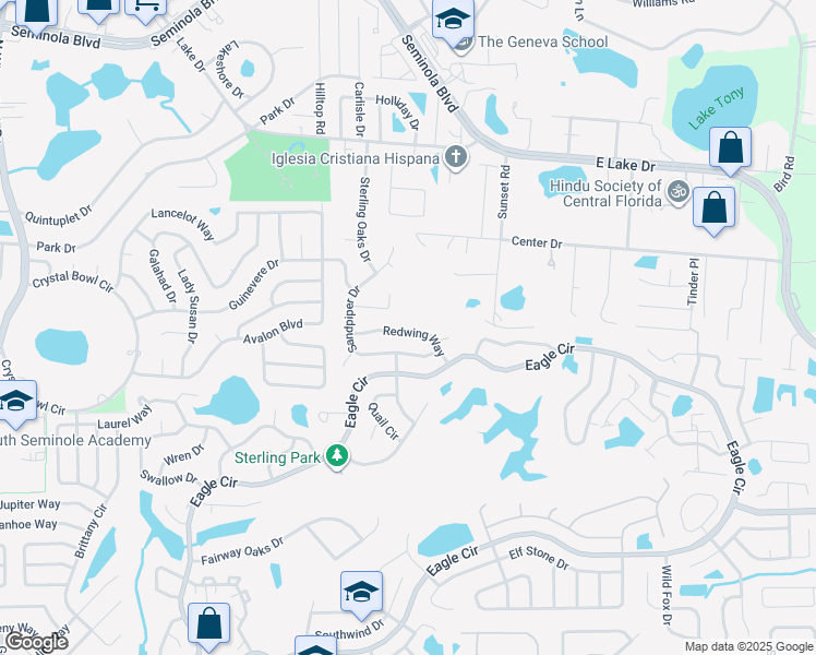 map of restaurants, bars, coffee shops, grocery stores, and more near 332 Redwing Way in Casselberry