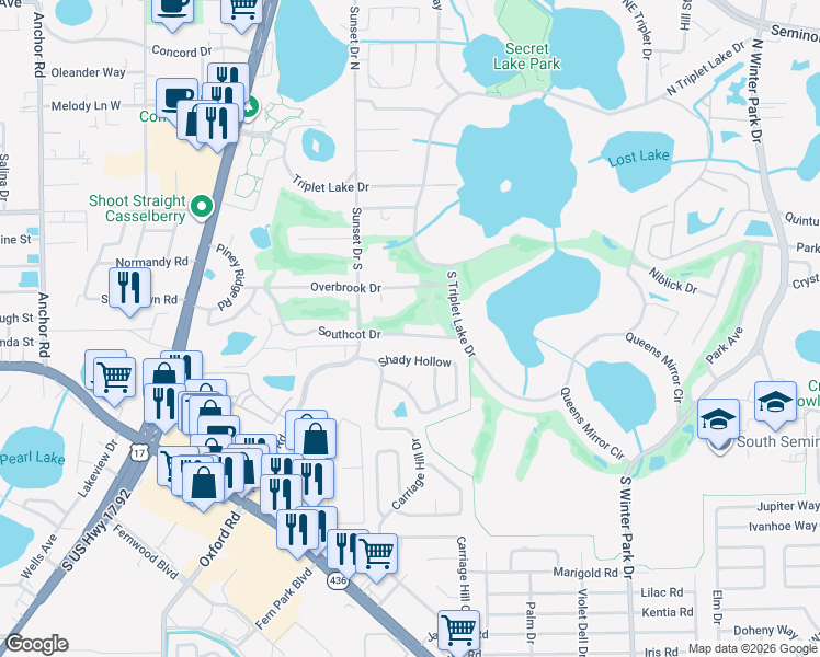 map of restaurants, bars, coffee shops, grocery stores, and more near 295 Southcot Drive in Casselberry