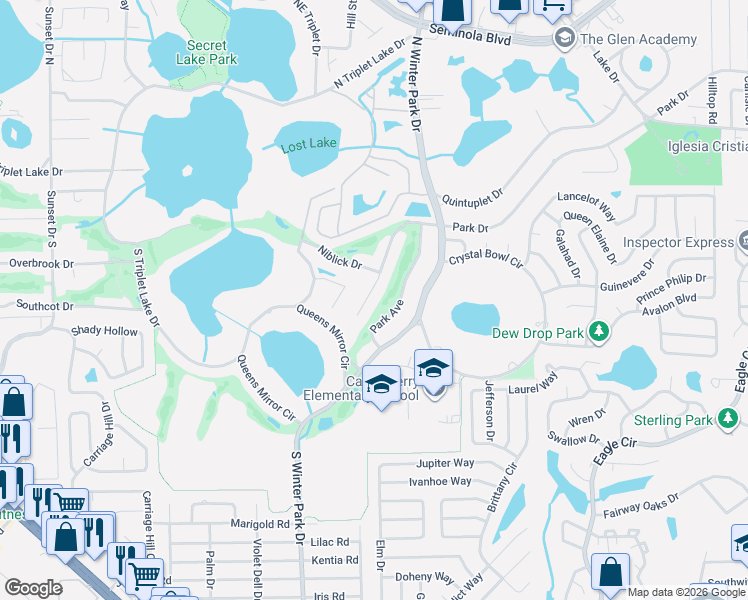 map of restaurants, bars, coffee shops, grocery stores, and more near 203 Paul McClure Court in Casselberry