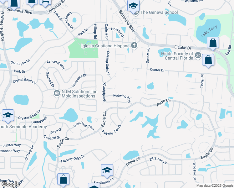 map of restaurants, bars, coffee shops, grocery stores, and more near 324 Redwing Way in Casselberry