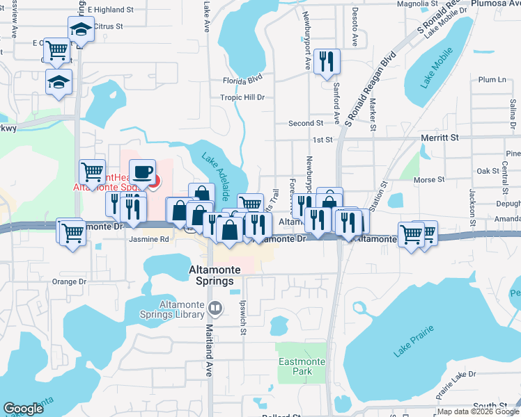 map of restaurants, bars, coffee shops, grocery stores, and more near 203 Adelaide Boulevard in Altamonte Springs