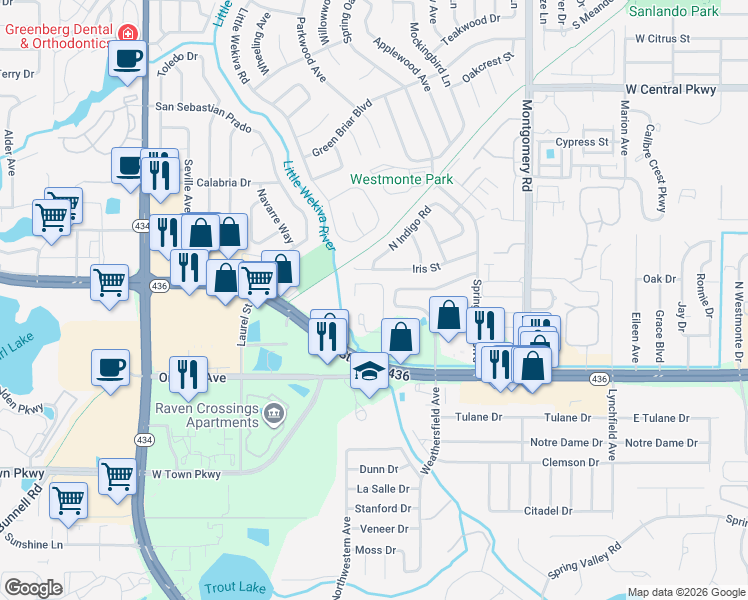 map of restaurants, bars, coffee shops, grocery stores, and more near 208 Riverbend Drive in Altamonte Springs