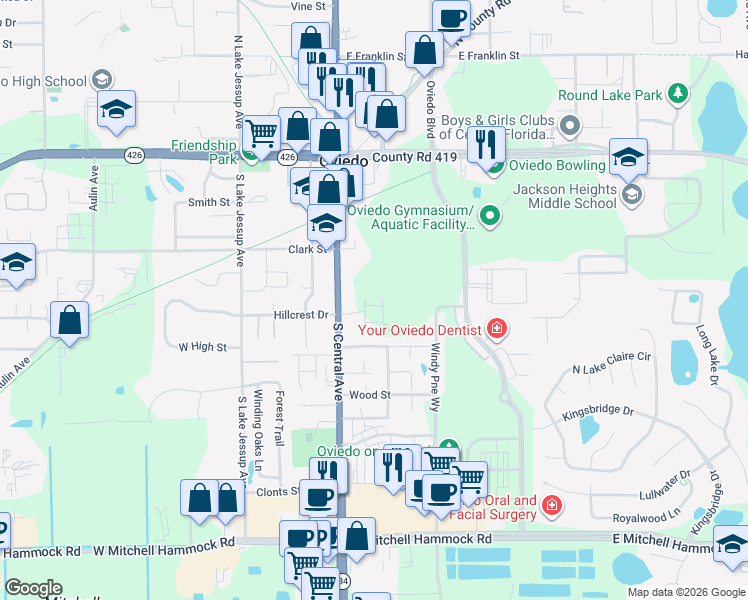 map of restaurants, bars, coffee shops, grocery stores, and more near 350 South Central Avenue in Oviedo