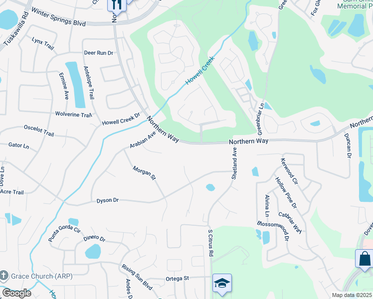 map of restaurants, bars, coffee shops, grocery stores, and more near 1033 Northern Way in Winter Springs