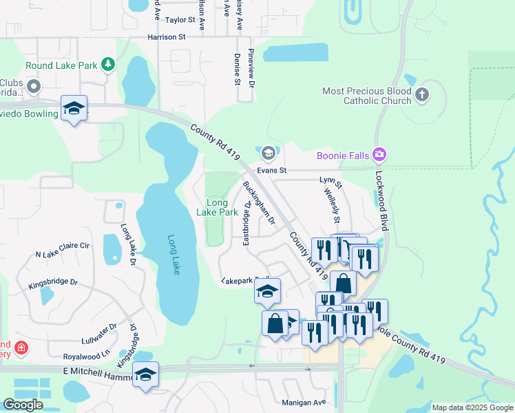map of restaurants, bars, coffee shops, grocery stores, and more near 632 Buckingham Drive in Oviedo