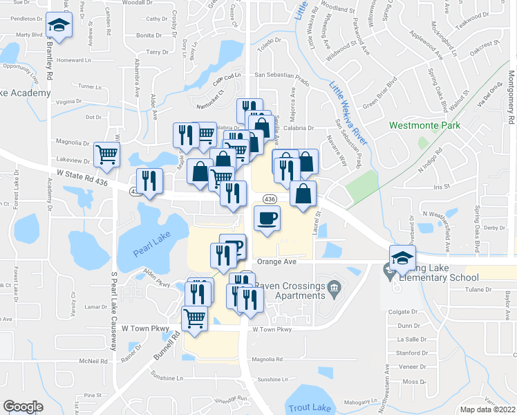 map of restaurants, bars, coffee shops, grocery stores, and more near 888 Florida 436 in Altamonte Springs