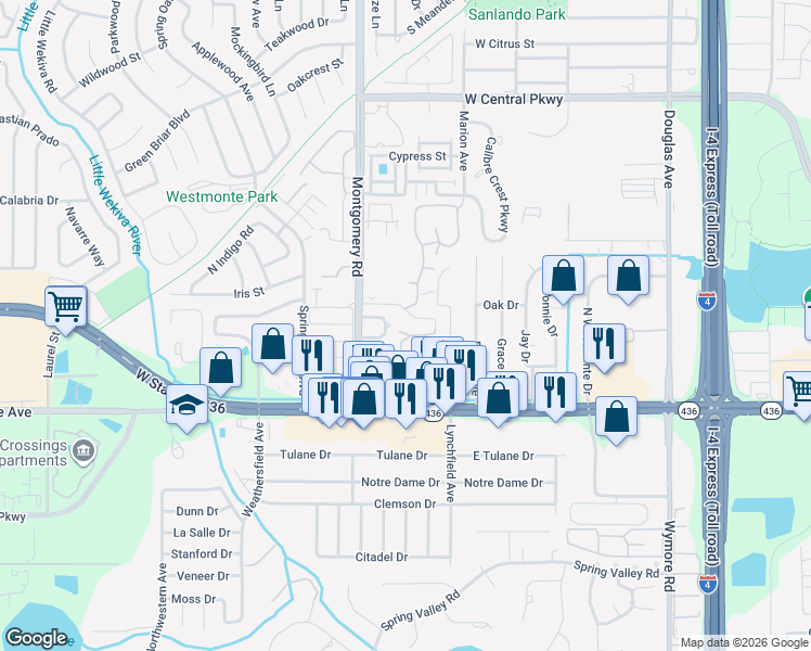 map of restaurants, bars, coffee shops, grocery stores, and more near 151 Olive Tree Circle in Altamonte Springs