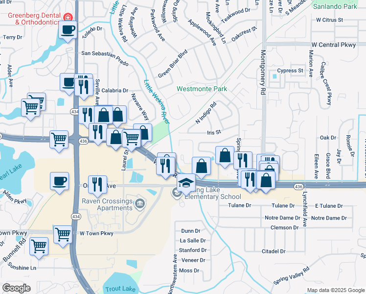 map of restaurants, bars, coffee shops, grocery stores, and more near 208 Riverbend Drive in Altamonte Springs