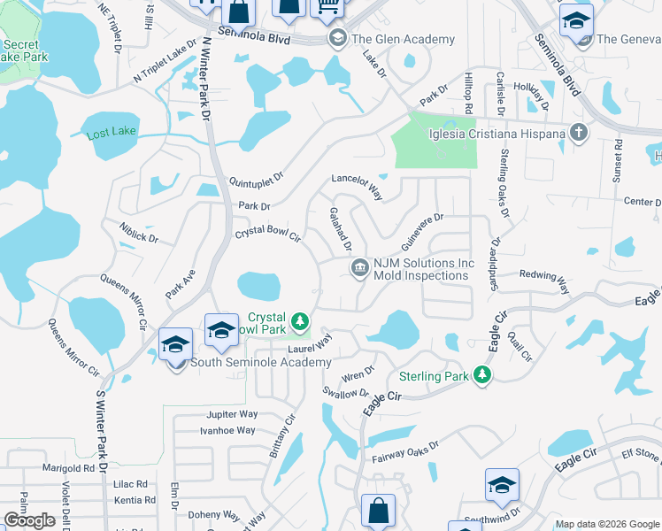 map of restaurants, bars, coffee shops, grocery stores, and more near 1205 Guinevere Drive in Casselberry