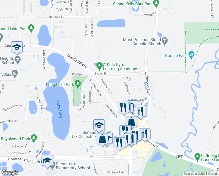 map of restaurants, bars, coffee shops, grocery stores, and more near 411 Augustine Court in Oviedo