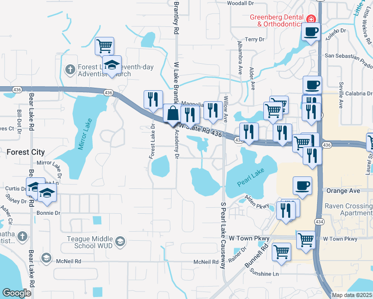 map of restaurants, bars, coffee shops, grocery stores, and more near 1157 West Lakeview Circle in Altamonte Springs