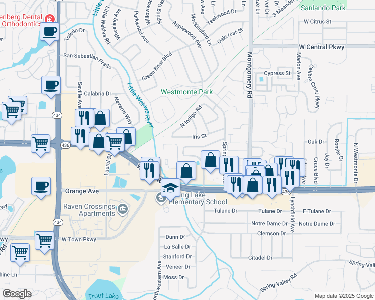 map of restaurants, bars, coffee shops, grocery stores, and more near 120 North Weathersfield Avenue in Altamonte Springs