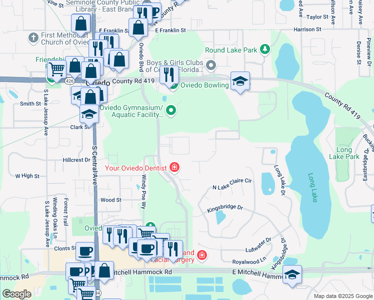 map of restaurants, bars, coffee shops, grocery stores, and more near 430 Fontana Circle in Oviedo