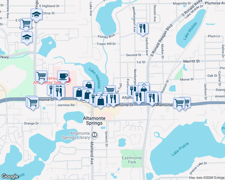map of restaurants, bars, coffee shops, grocery stores, and more near 203 Adelaide Boulevard in Altamonte Springs
