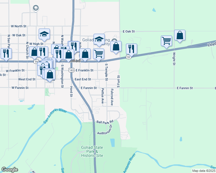 map of restaurants, bars, coffee shops, grocery stores, and more near 345 South Temple Street in Goliad