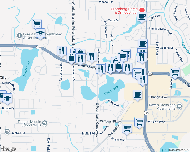 map of restaurants, bars, coffee shops, grocery stores, and more near 1111 East Lakeview Circle in Altamonte Springs