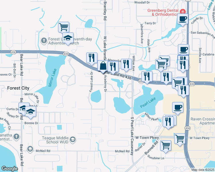 map of restaurants, bars, coffee shops, grocery stores, and more near 1157 West Lakeview Circle in Altamonte Springs