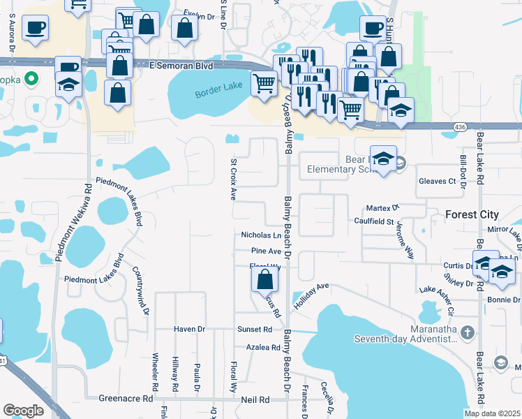 map of restaurants, bars, coffee shops, grocery stores, and more near 2841 Charmont Drive in Apopka