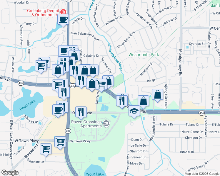 map of restaurants, bars, coffee shops, grocery stores, and more near 501 East San Sebastian Court in Altamonte Springs