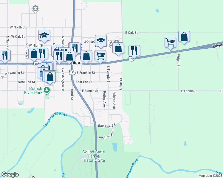 map of restaurants, bars, coffee shops, grocery stores, and more near 345 South Temple Street in Goliad