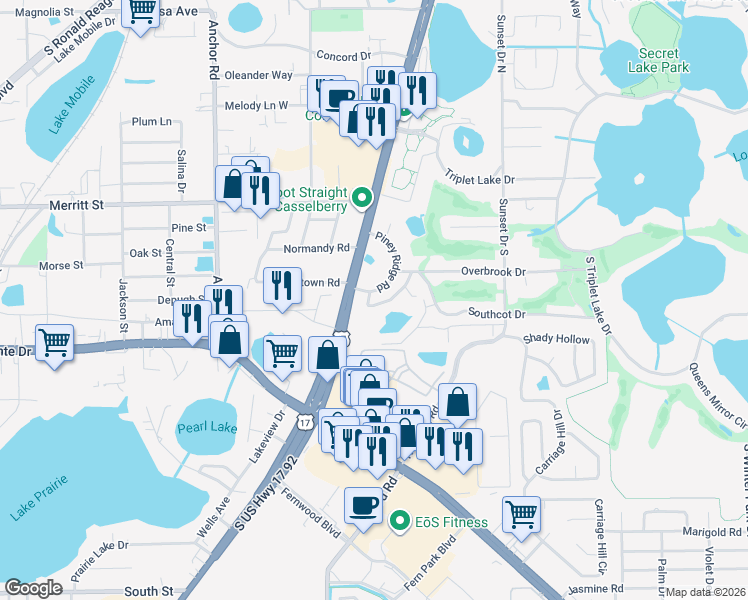 map of restaurants, bars, coffee shops, grocery stores, and more near 395 Ascension Drive in Casselberry
