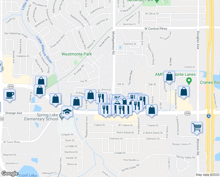 map of restaurants, bars, coffee shops, grocery stores, and more near 511 Bristol Drive in Altamonte Springs