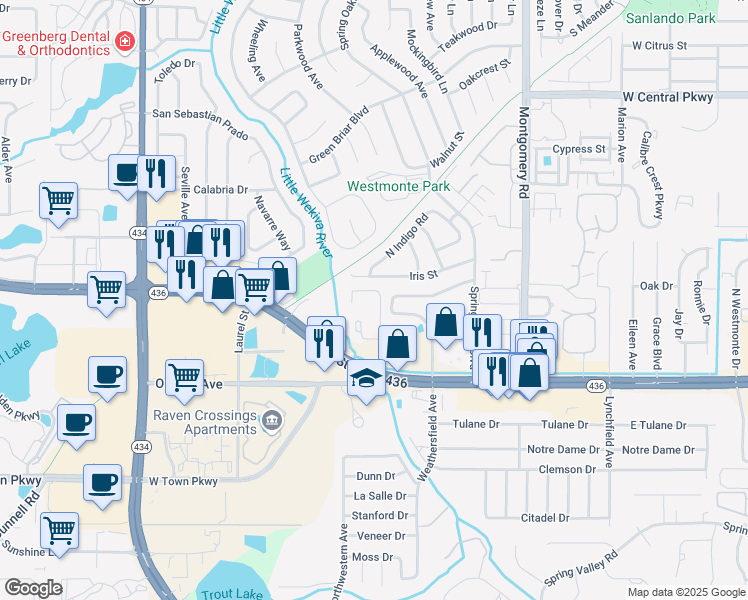 map of restaurants, bars, coffee shops, grocery stores, and more near 208 Riverbend Drive in Altamonte Springs