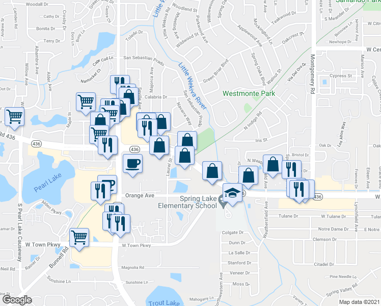 map of restaurants, bars, coffee shops, grocery stores, and more near 501 East San Sebastian Court in Altamonte Springs