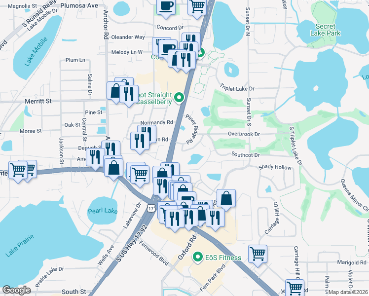 map of restaurants, bars, coffee shops, grocery stores, and more near 395 Ascension Drive in Casselberry