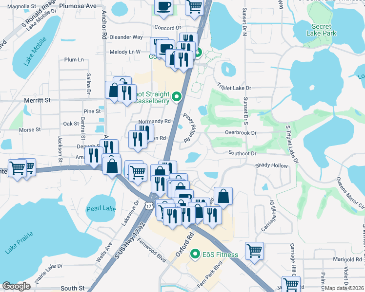 map of restaurants, bars, coffee shops, grocery stores, and more near 395 Ascension Drive in Casselberry