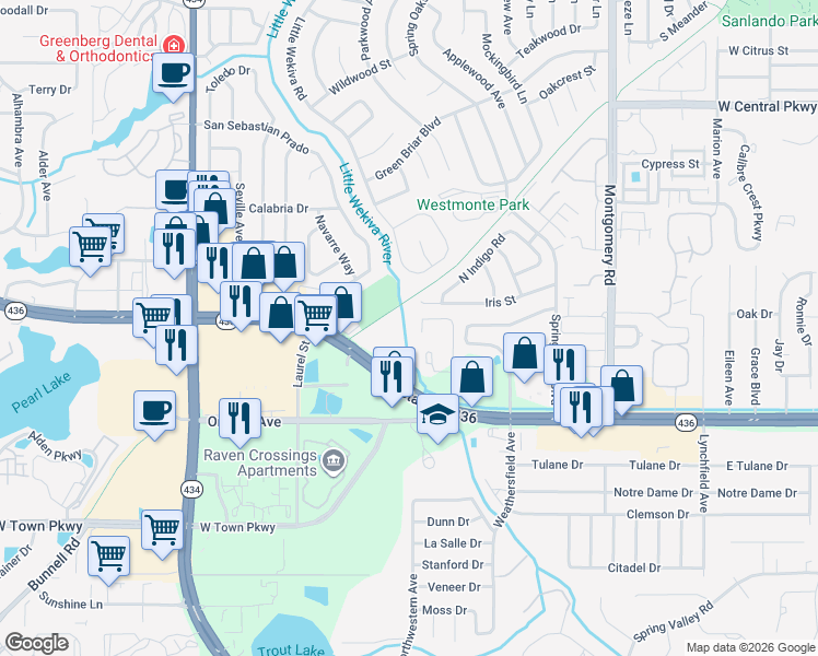 map of restaurants, bars, coffee shops, grocery stores, and more near 238 Riverbend Drive in Altamonte Springs