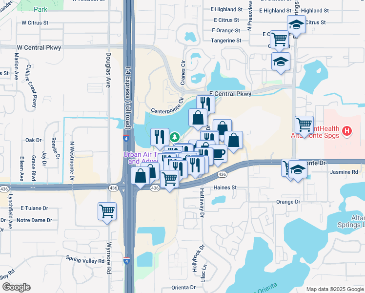 map of restaurants, bars, coffee shops, grocery stores, and more near 225 Cranes Roost Boulevard in Altamonte Springs