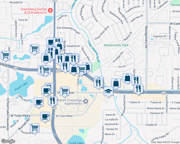 map of restaurants, bars, coffee shops, grocery stores, and more near 501 East San Sebastian Court in Altamonte Springs