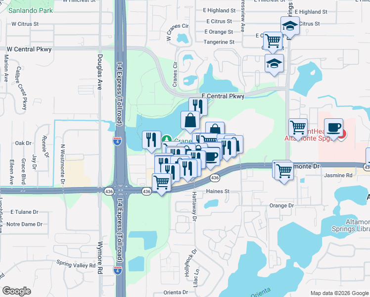 map of restaurants, bars, coffee shops, grocery stores, and more near 1075 Festival Drive in Altamonte Springs
