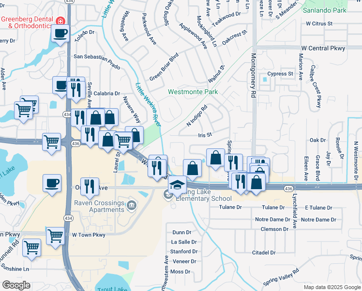 map of restaurants, bars, coffee shops, grocery stores, and more near 202 Riverbend Drive in Altamonte Springs