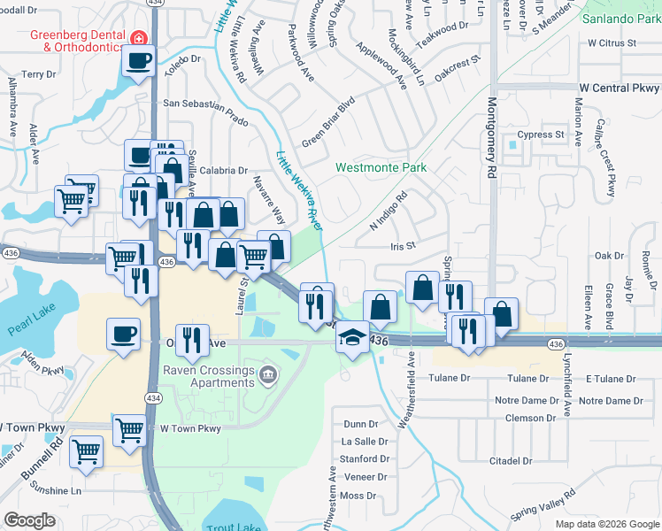 map of restaurants, bars, coffee shops, grocery stores, and more near 238 Riverbend Drive in Altamonte Springs