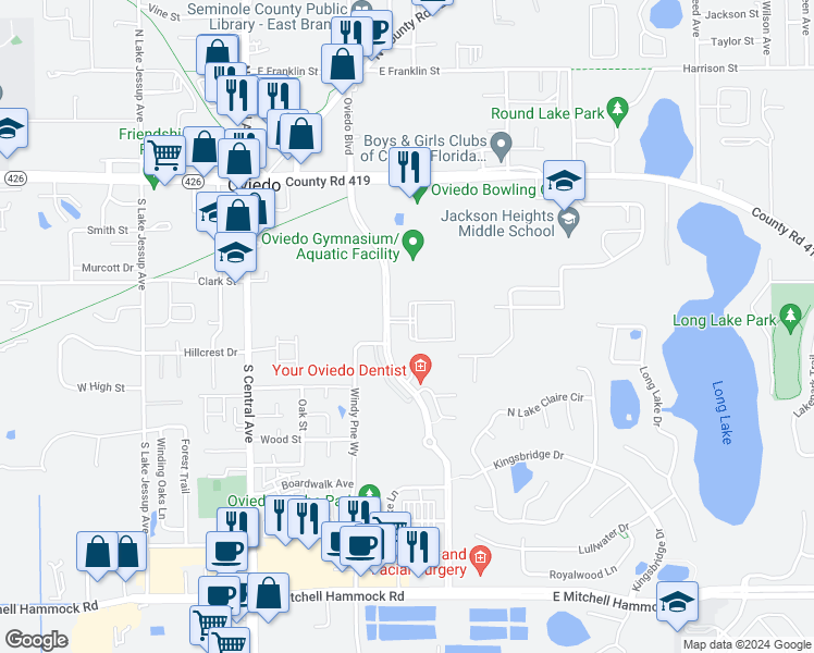 map of restaurants, bars, coffee shops, grocery stores, and more near 449 Oviedo Boulevard in Oviedo