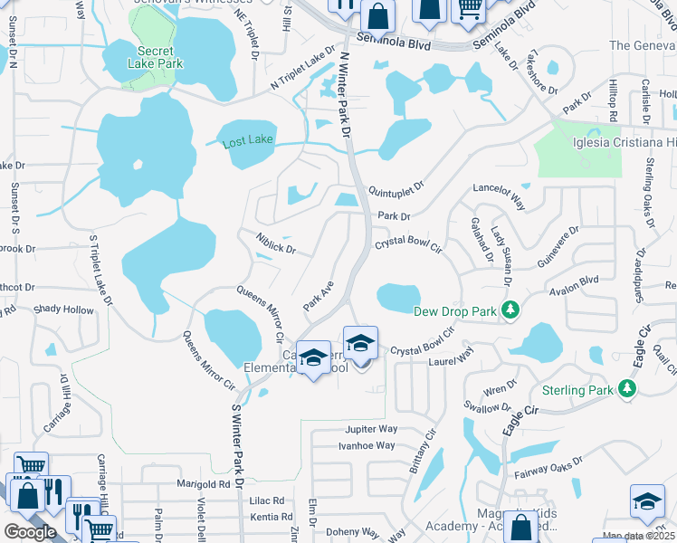 map of restaurants, bars, coffee shops, grocery stores, and more near 132 Park Avenue in Casselberry