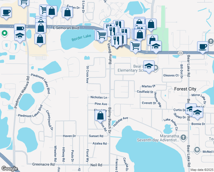 map of restaurants, bars, coffee shops, grocery stores, and more near 1030 Balmy Beach Drive in Apopka