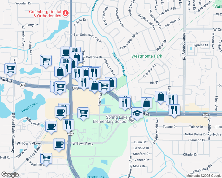 map of restaurants, bars, coffee shops, grocery stores, and more near 618 East San Sebastian Court in Altamonte Springs