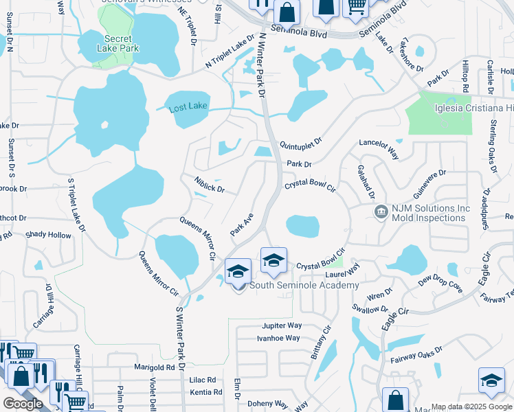 map of restaurants, bars, coffee shops, grocery stores, and more near 132 Park Avenue in Casselberry