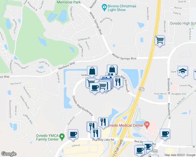 map of restaurants, bars, coffee shops, grocery stores, and more near 1704 Garden Sage Drive in Oviedo