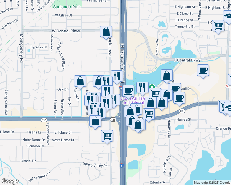 map of restaurants, bars, coffee shops, grocery stores, and more near 277 Douglas Avenue in Altamonte Springs